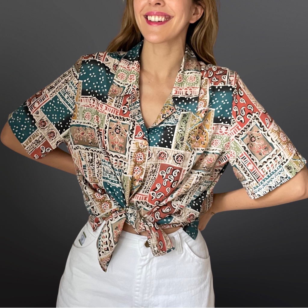 Vintage 1990s Patchwork Pattern Button Down Blouse